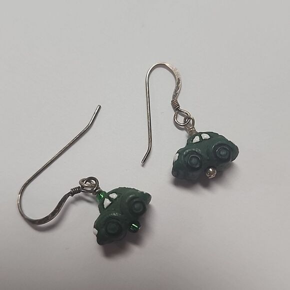 Green Car Dangle Earrings with Sterling Silver 925 Hooks - Picture 2 of 2